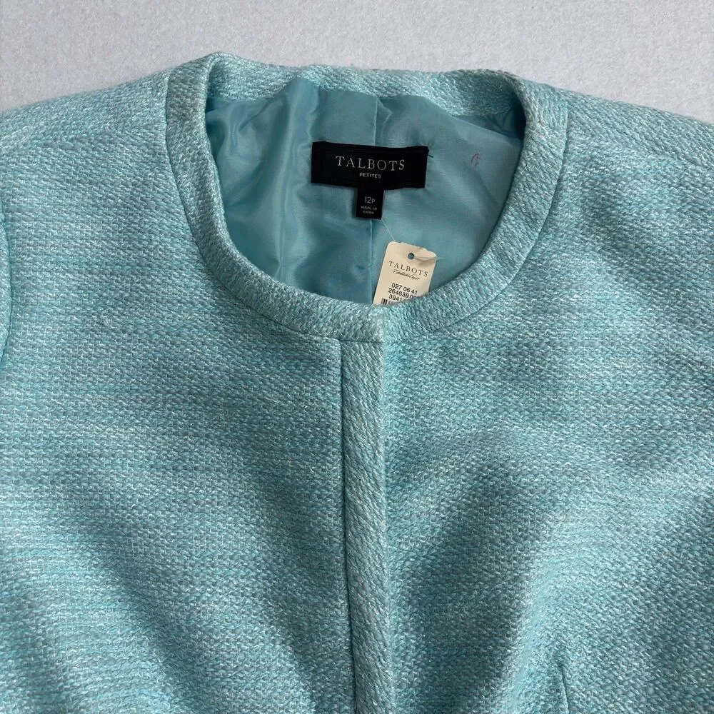 Talbots Tweed Blazer Jacket Women's 12P Turquoise Blue Old Money Career Office